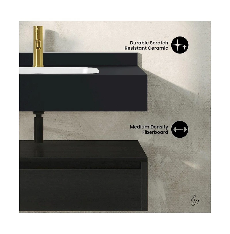 Swiss Madison Avancer 36" Wall-Mounted Bathroom Vanity in Black Oak with Black Marble Sink Top