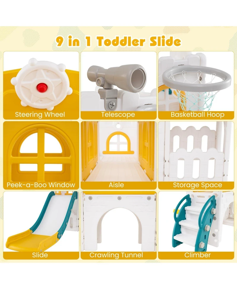 9-in-1 Toddler Slide L-Shaped with Basketball Hoop and Steering Wheel