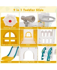 9-in-1 Toddler Slide L-Shaped with Basketball Hoop and Steering Wheel