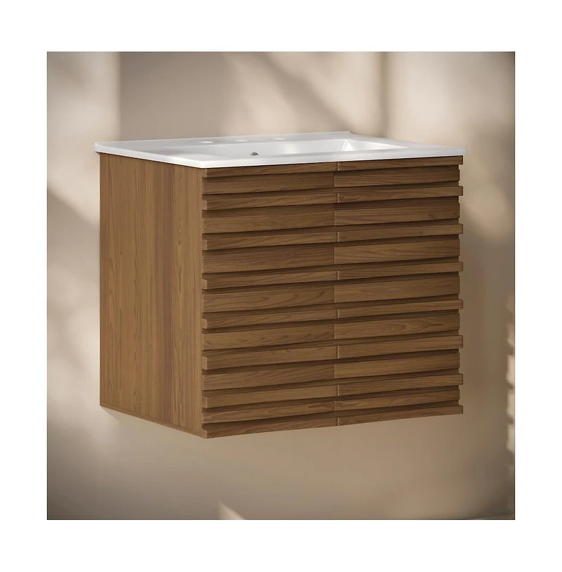 24" Wall-Mounted Bathroom Vanity in Brown Oak with 3-Hole Widespread Sink Top