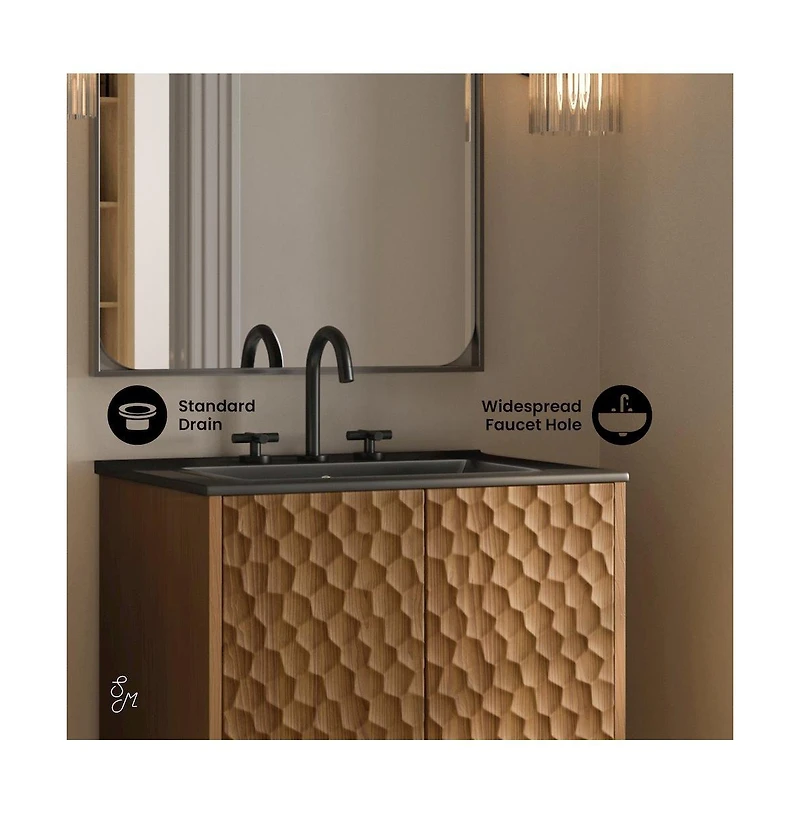 24" Freestanding Bathroom Vanity in Brown Oak, Black 3-Hole Centerset Sink Top