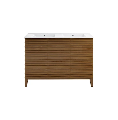 48 in. Brown Oak, Double Basin Bathroom Vanity, White, 3-Hole Ceramic Sink Top