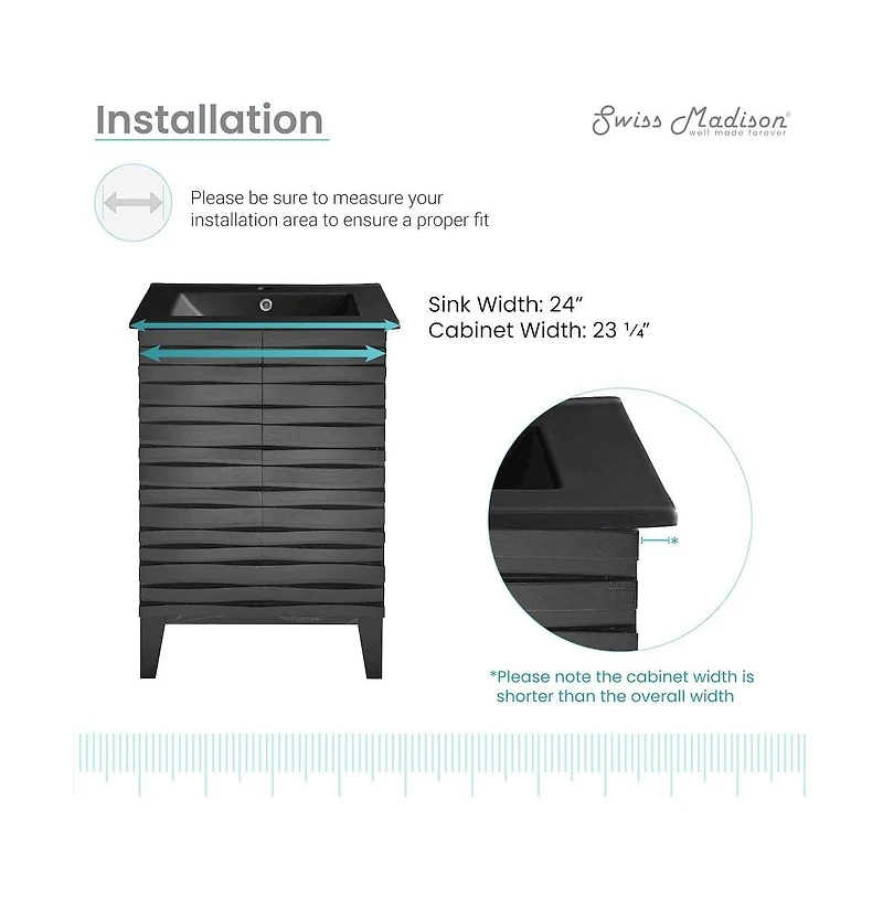Swiss Madison Cascade 24 in. Black Oak Bathroom Vanity With Black Ceramic Sink Top