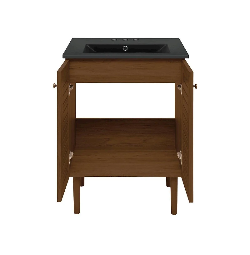 Swiss Madison 24" Freestanding Bathroom Vanity in Brown Oak, Black 3-Hole Centerset Sink Top