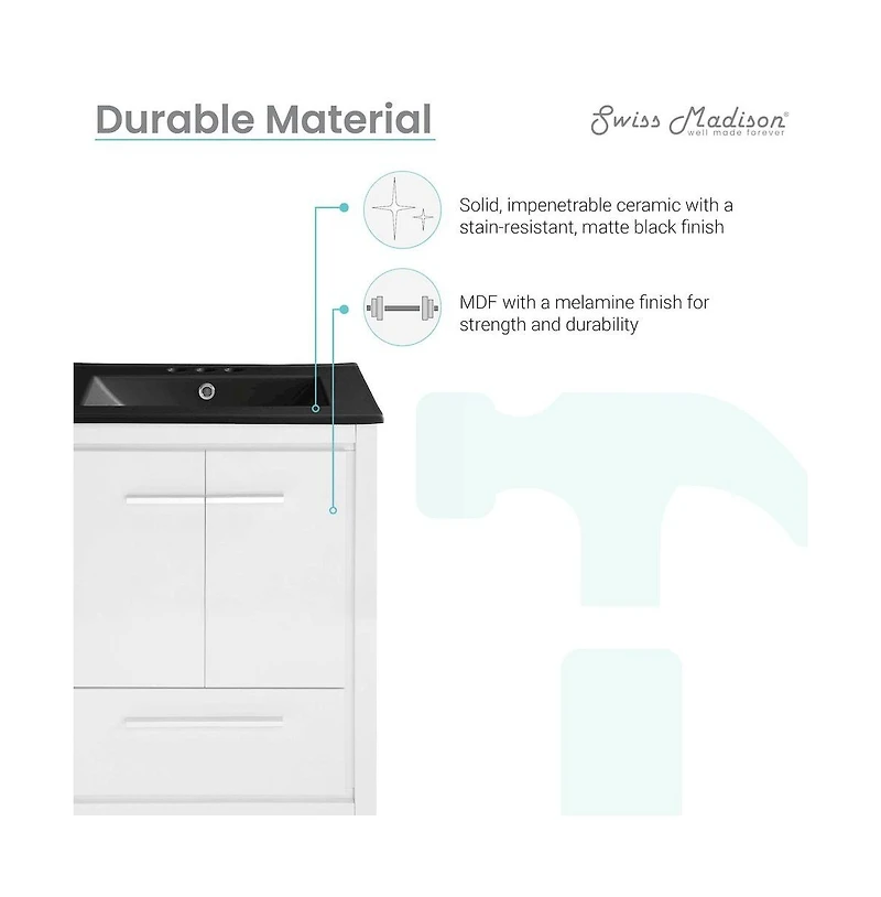 Swiss Madison Virage 24 in. White Bathroom Vanity With Black, 3-Hole Ceramic Sink Top