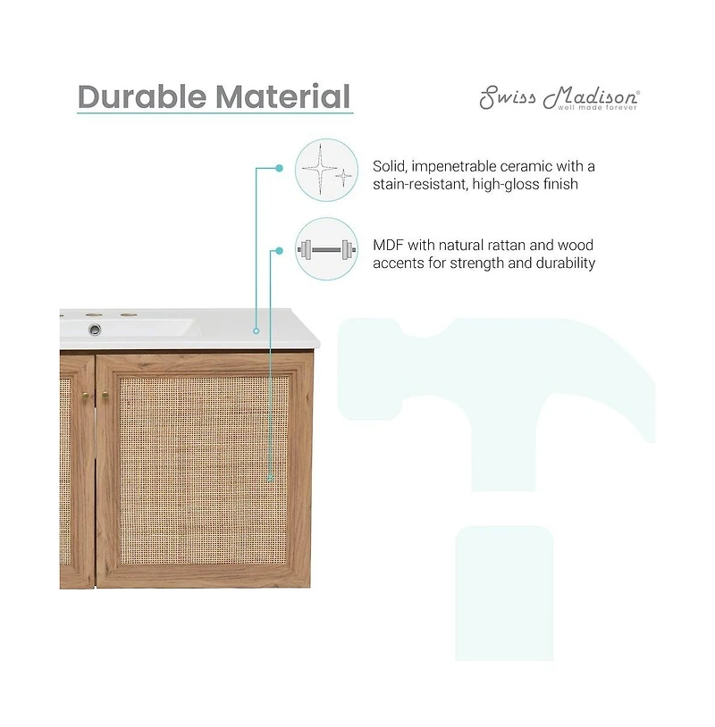 36 in. Brown Oak Wall Hung Bathroom Vanity With White, 3-Hole Ceramic Sink Top