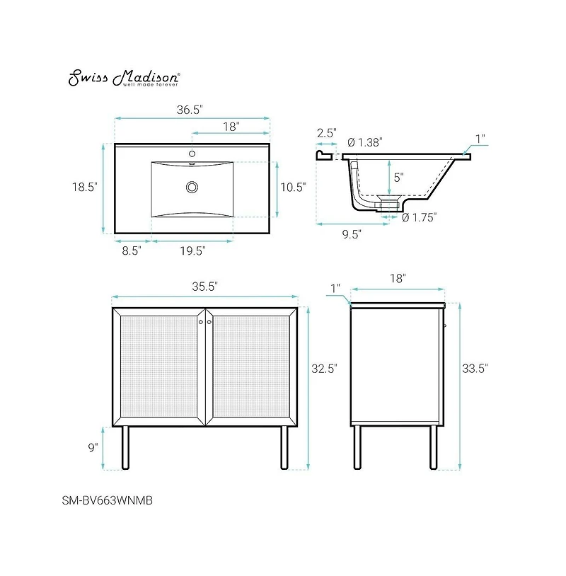 Swiss Madison Classe 36" Freestanding Bathroom Vanity in Oak with Sink Top