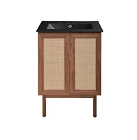 Swiss Madison 24" Freestanding Bathroom Vanity in Brown Oak, Black 3-Hole Centerset Sink Top