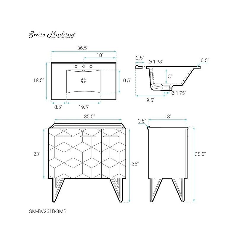Swiss Madison Annecy 36 in. Phantom Black Bathroom Vanity With Black, 3-Hole Ceramic Sink Top