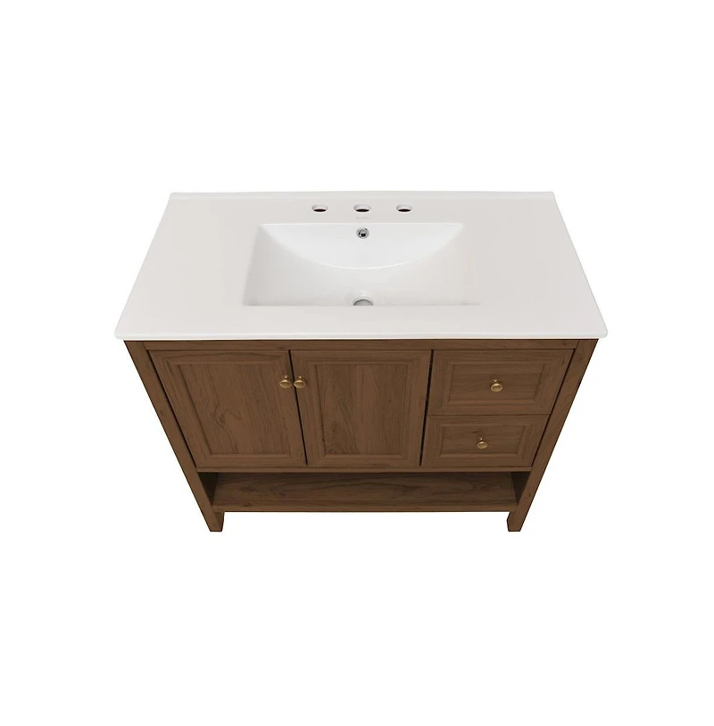 Swiss Madison 36" Freestanding Bathroom Vanity in Brown Oak with 3-Hole Widespread Sink Top