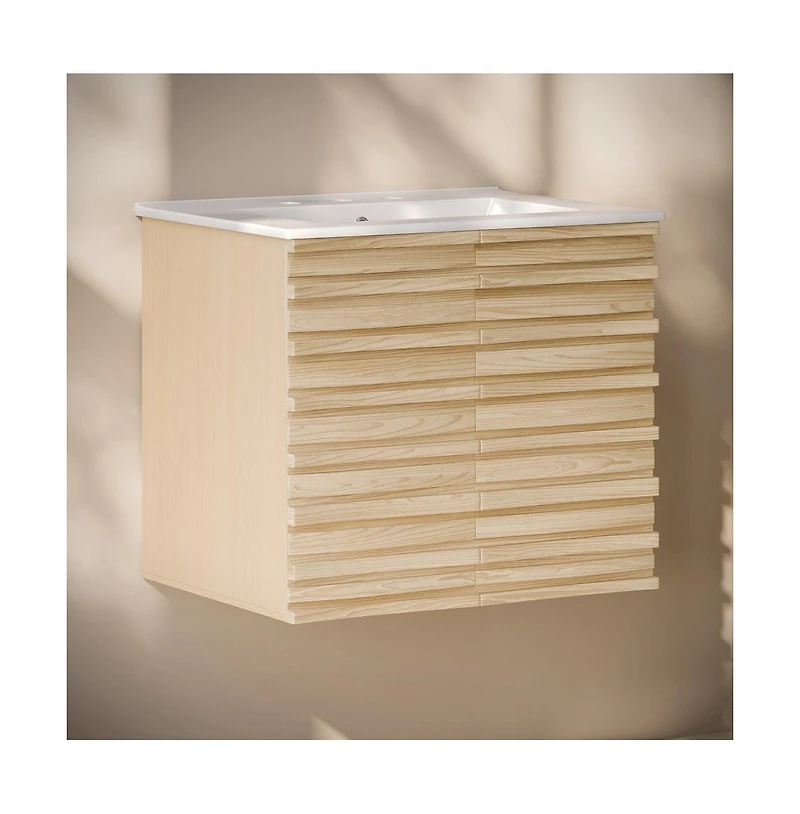 Swiss Madison 24" Wall-Mounted Bathroom Vanity in Natural Oak with 3-Hole Widespread Sink Top