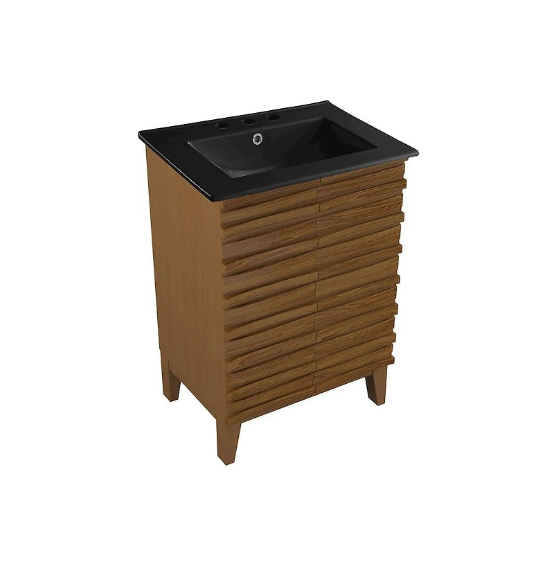 Cascade 24 in. Brown Oak Bathroom Vanity With Black, 3-Hole Ceramic Sink Top