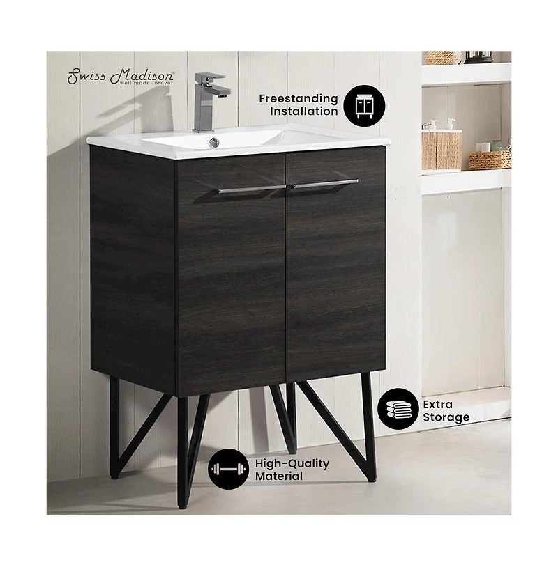 Swiss Madison Annecy 24" Freestanding Bathroom Vanity in Black Walnut with Sink Top