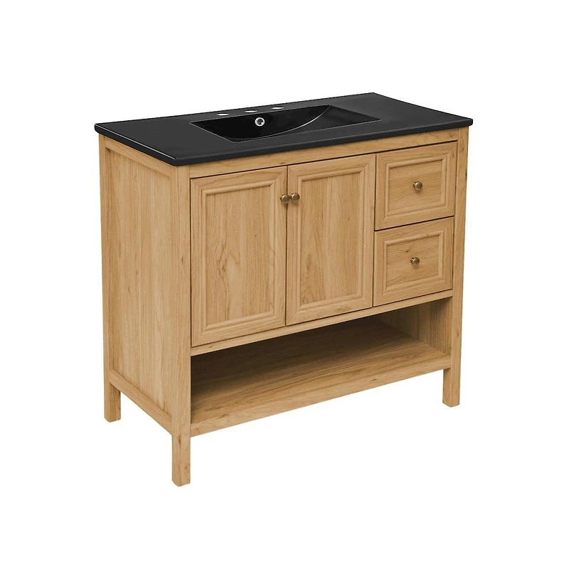 Swiss Madison 36" Freestanding Bathroom Vanity in Golden Oak, Black 3-Hole Widespread Sink Top