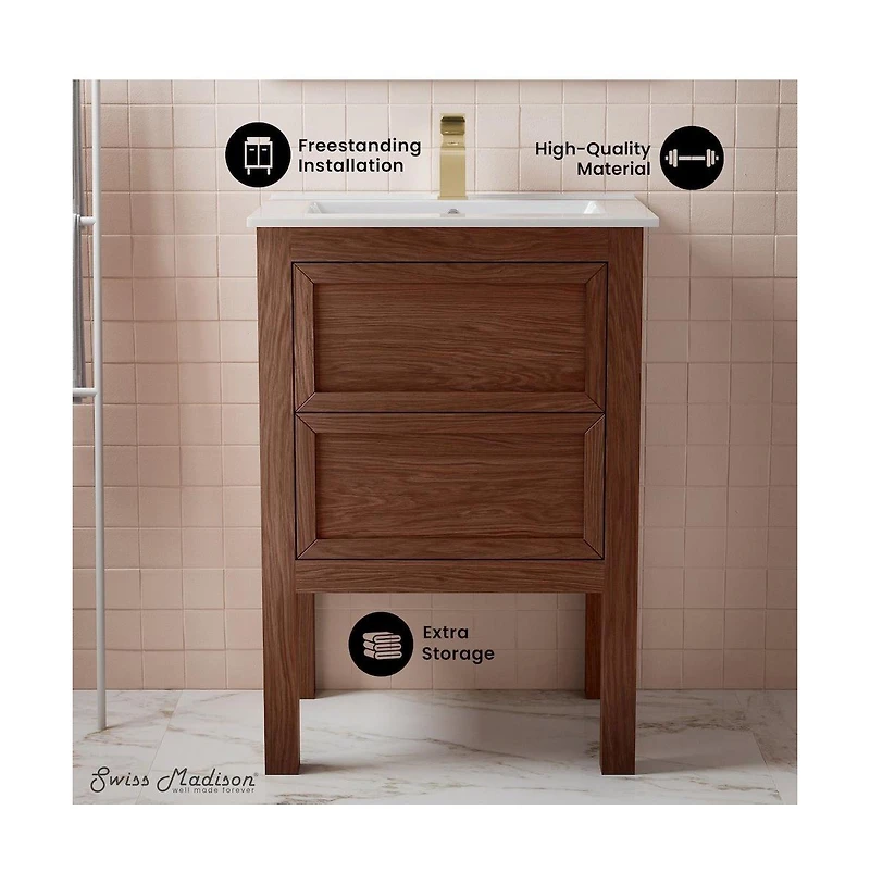 Swiss Madison Nadar 24" Freestanding Bathroom Vanity in Brown Oak with Sink Top