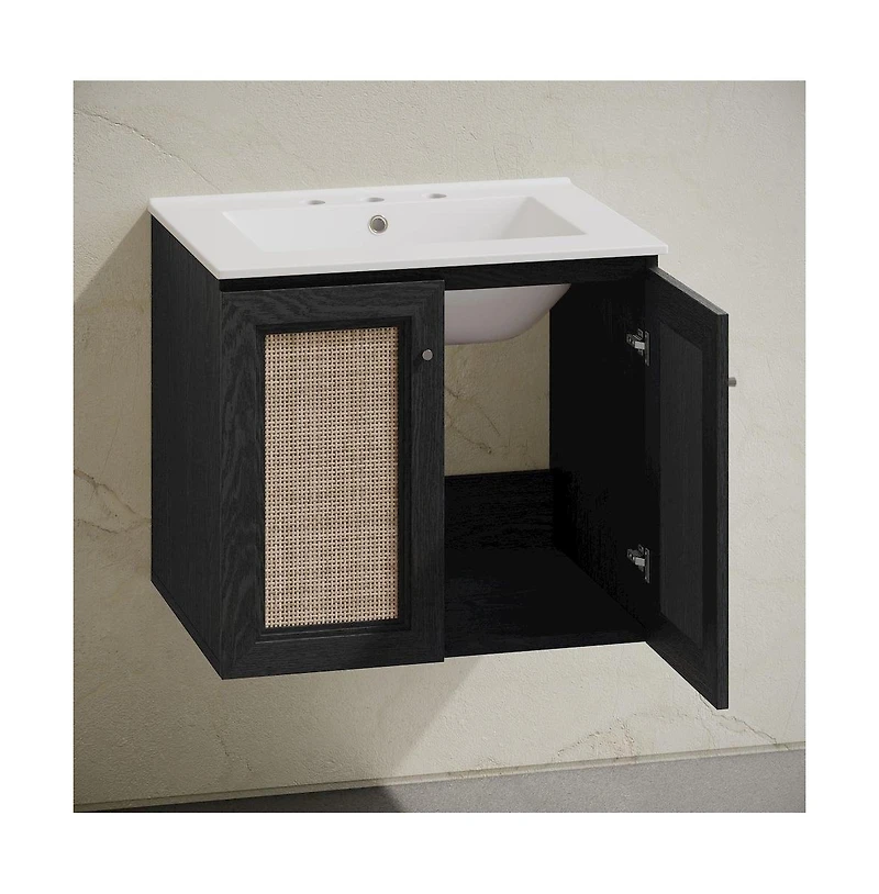 24" Wall-Mounted Bathroom Vanity, Black Oak, Widespread Faucet Holes Vanity Top