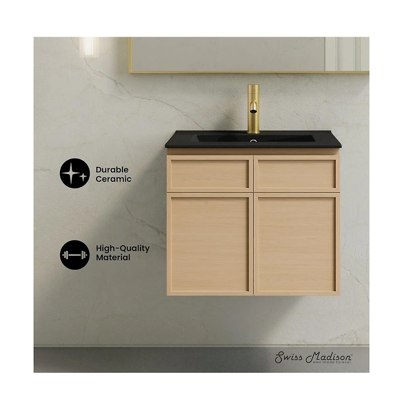 Swiss MadisonSt. Tropez 24" Wall-Mounted Bathroom Vanity in Natural Oak with Black Sink Top