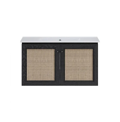 Swiss Madison36" Wall-Mounted Bathroom Vanity, Black Oak, Widespread Faucet Holes Vanity Top