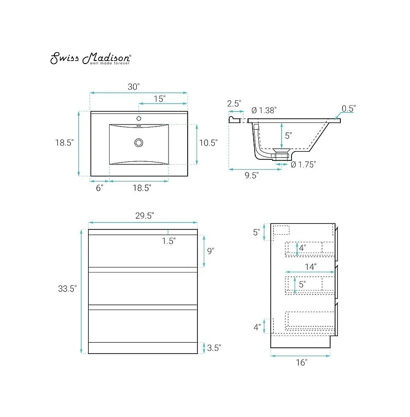 Swiss MadisonLiberte 30" Freestanding Bathroom Vanity in Oak with Sink Top