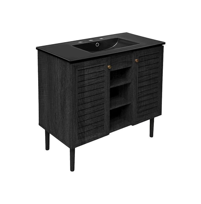 36" Freestanding Bathroom Vanity in Black Oak, Black 3-Hole Widespread Sink Top