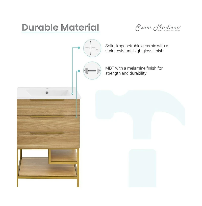 Swiss Madison Carre 24" Freestanding Bathroom Vanity in Golden Oak with Sink Top