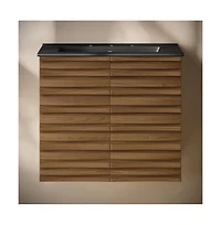 Swiss Madison24" Wall-Mounted Bathroom Vanity in Brown Oak, Black 3-Hole Widespread Sink Top
