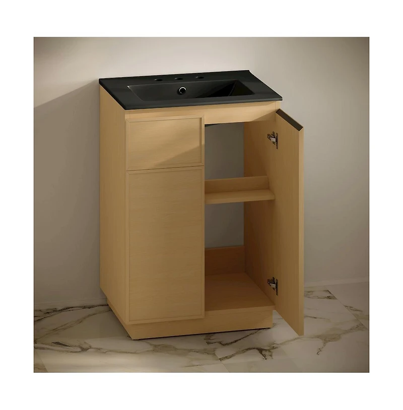 Swiss Madison 24" Freestanding Bathroom Vanity, Natural Oak, Black 3-Hole Widespread Sink Top