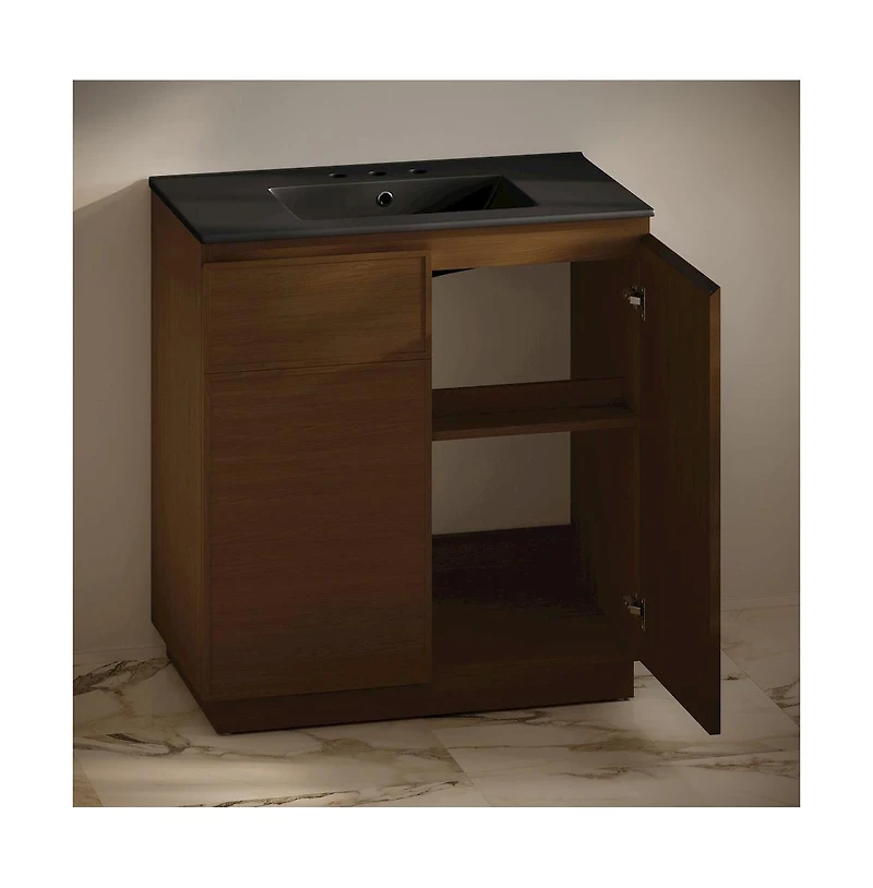 Swiss Madison 36" Freestanding Bathroom Vanity in Brown Oak, Black 3-Hole Widespread Sink Top
