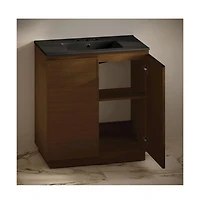 Swiss Madison 36" Freestanding Bathroom Vanity in Brown Oak, Black 3-Hole Widespread Sink Top