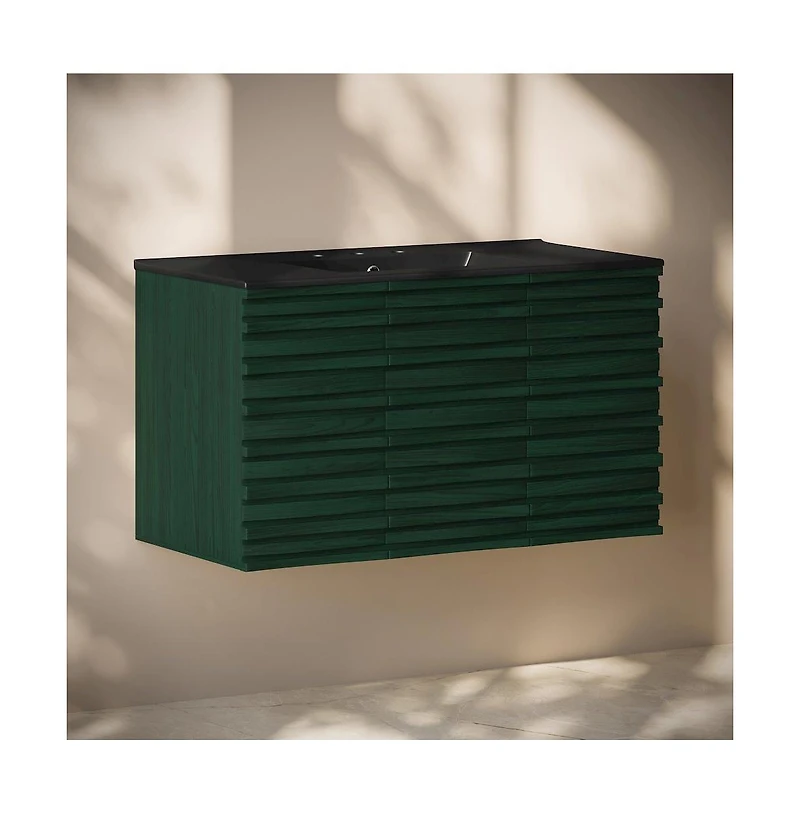 Swiss Madison36" Wall-Mounted Bathroom Vanity in Green Oak, Black 3-Hole Widespread Sink Top