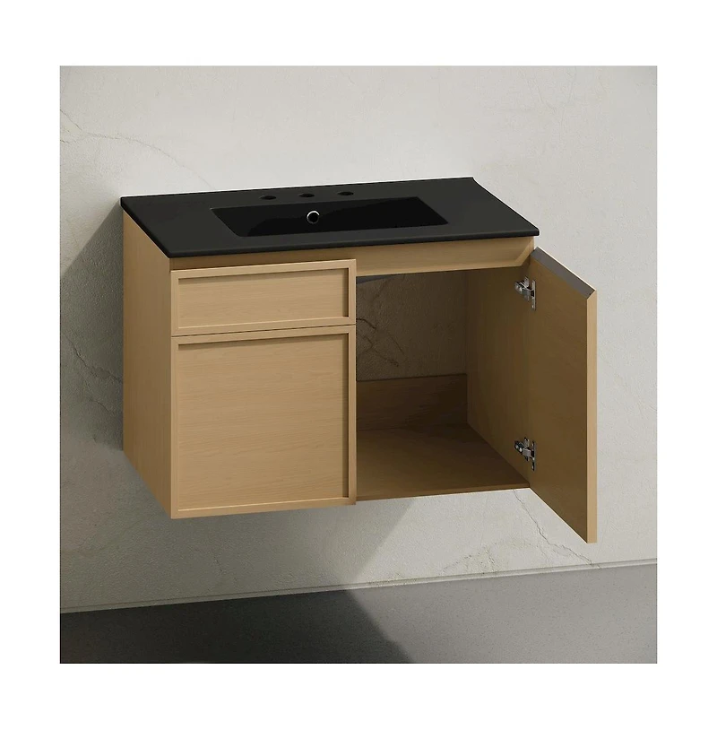 Swiss Madison 30" Wall-Mounted Bathroom Vanity, Natural Oak, Black 3-Hole Widespread Sink Top