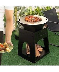Patio Fire Pit with Firewood Log Rack with Grill and Ash Box