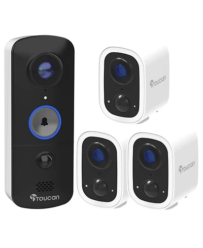 Toucan Wireless Security Camera S4 3-Pack and Wireless Video Doorbell V3 Bundle No Subscription Required