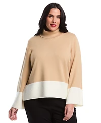 Rafaella Women's Plus Color Block Trim Turtleneck Long Sleeve Sweater