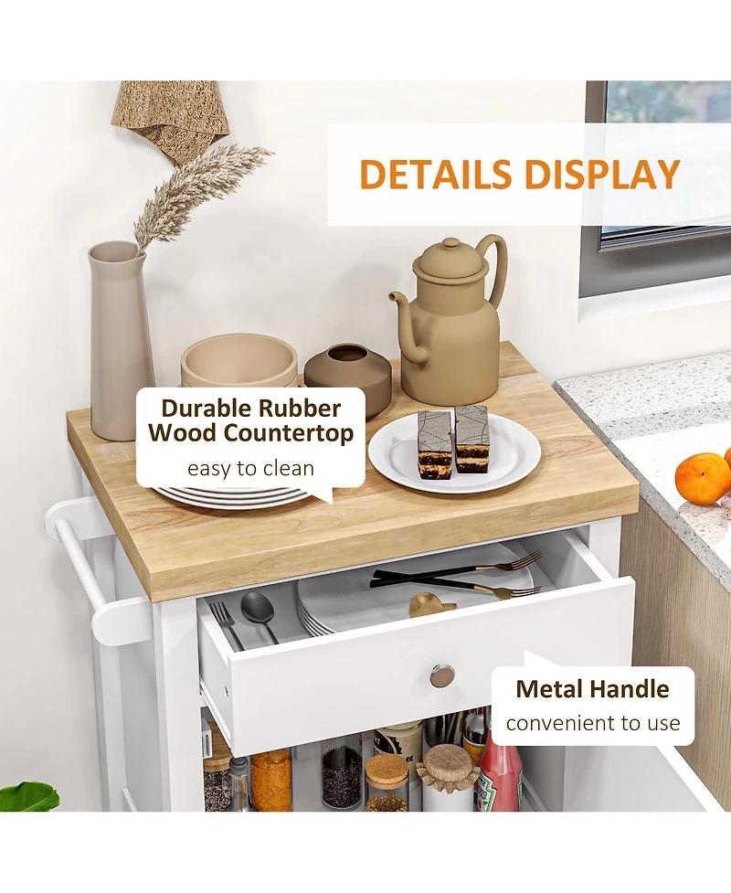 Homcom Kitchen Cart, Rolling Kitchen Island with Rubberwood Top,