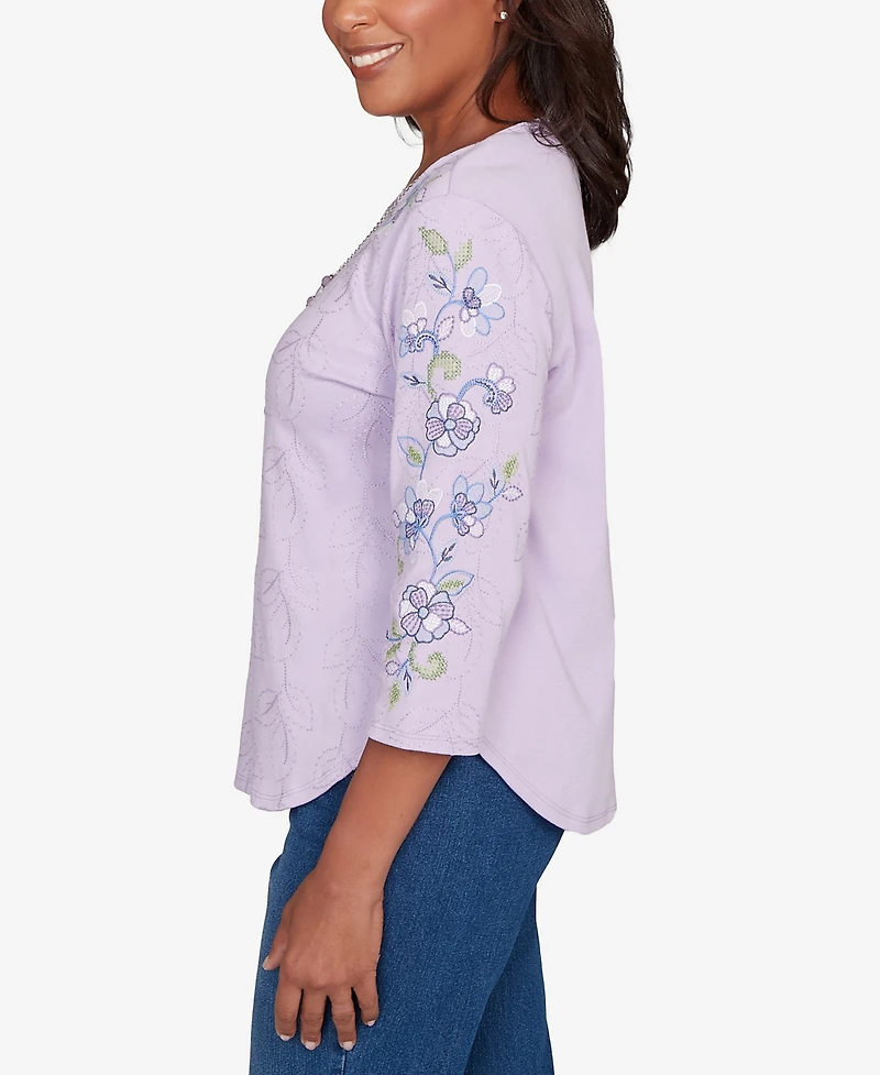 Alfred Dunner Petite Hilton Head Embroidered Sleeve Textured Top