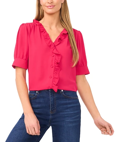 CeCe Women's Puff Short-Sleeve Button Down Ruffle Top