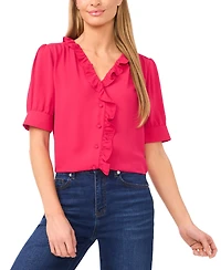 CeCe Women's Puff Short-Sleeve Button Down Ruffle Top