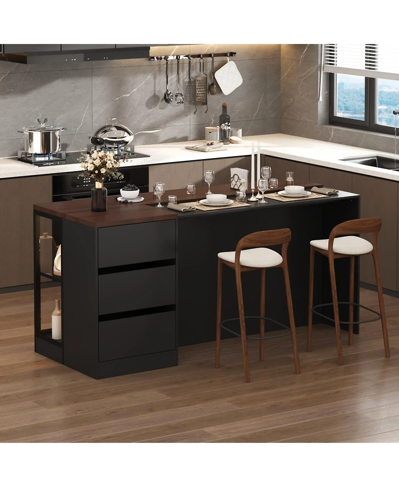 Kitchen island with 3 drawers, glass shelves, light strip, kitchen island storage table with dining table, coffee station and microwave rack for home,