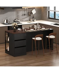 Kitchen island with 3 drawers, glass shelves, light strip, kitchen island storage table with dining table, coffee station and microwave rack for home,