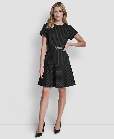 Dkny Women's Short Sleeve Jewel Neck Flounce Hem Dress