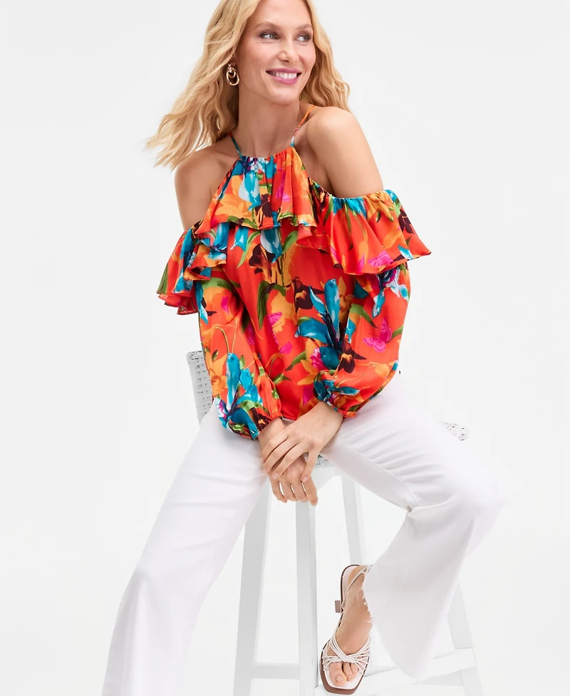 I.n.c. International Concepts Women's Printed Ruffled Cold-Shoulder Top, Macy's Exclusive