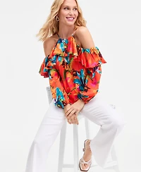 I.n.c. International Concepts Women's Printed Ruffled Cold-Shoulder Top, Macy's Exclusive