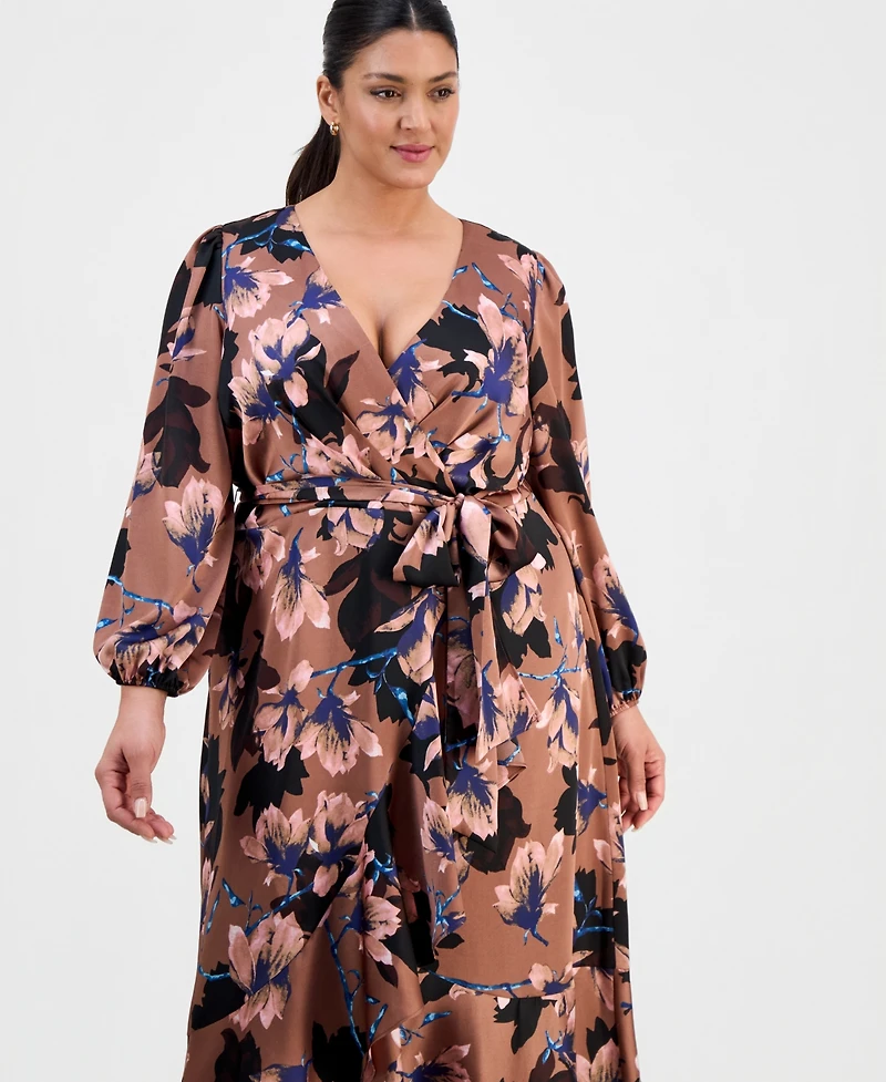Tahari Asl Plus Floral Print Faux-Wrap Midi Dress