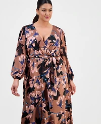 Tahari Asl Plus Floral Print Faux-Wrap Midi Dress