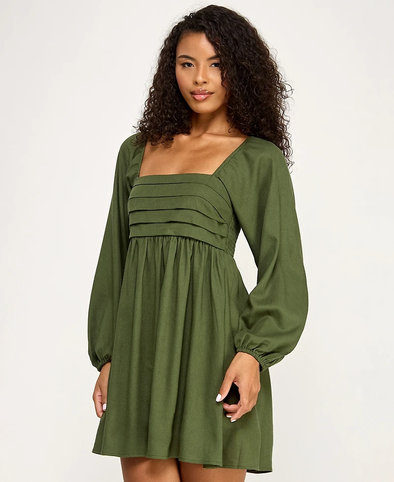 City Studios Women's Pleated Tie Back Long-Sleeve Baby Doll Dress