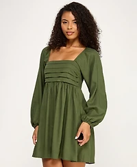 City Studios Women's Pleated Tie Back Long-Sleeve Baby Doll Dress