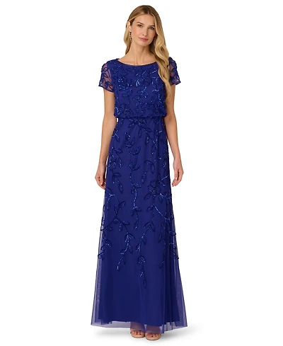 Adrianna Papell Women's Floral Bead Embellished Blouson Short-Sleeve Gown