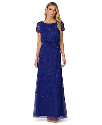 Adrianna Papell Women's Floral Bead Embellished Blouson Short-Sleeve Gown