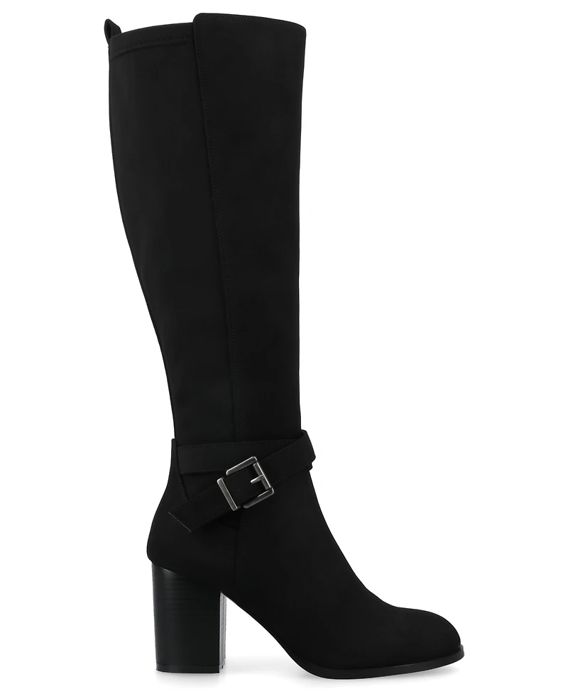Journee Women's Avalonn Buckle Strap Knee High Stacked Heel Inside Zipper Comfort Dress Boots